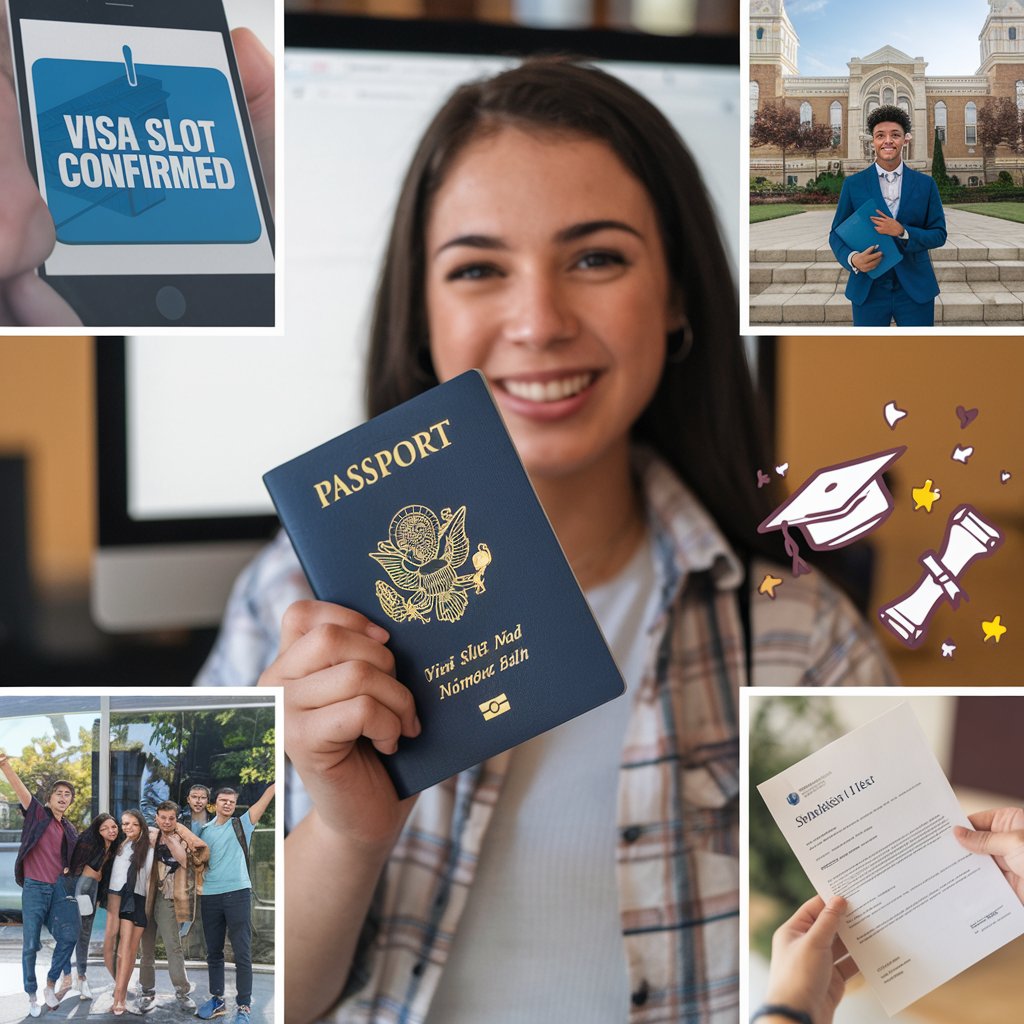 "A team of experts in a modern office guiding a client through the USA visa process, with the client holding a passport and visa documents. The background features US landmarks like the Statue of Liberty and a computer screen showing an online visa application."